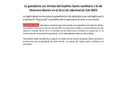 LAS VENTAS DEL ESPIRITU SANTO SUSTITUYE A VICTORINO MARTIN EN CALI