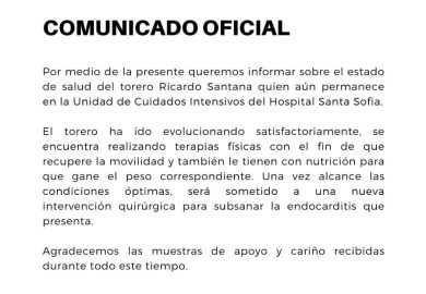 Este es el mas reciente comunicado del estado de salud del subalterno vallecaucano Ricardo Santana.