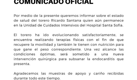 Este es el mas reciente comunicado del estado de salud del subalterno vallecaucano Ricardo Santana.