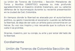 Diversos sectores de la cultura se han pronunciado respecto al carácter y valentía del cantante argentino Andres Calamaro, defendiendo la actividad taurina.