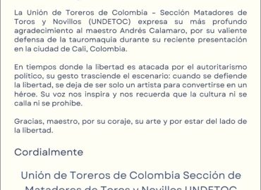 Diversos sectores de la cultura se han pronunciado respecto al carácter y valentía del cantante argentino Andres Calamaro, defendiendo la actividad taurina.