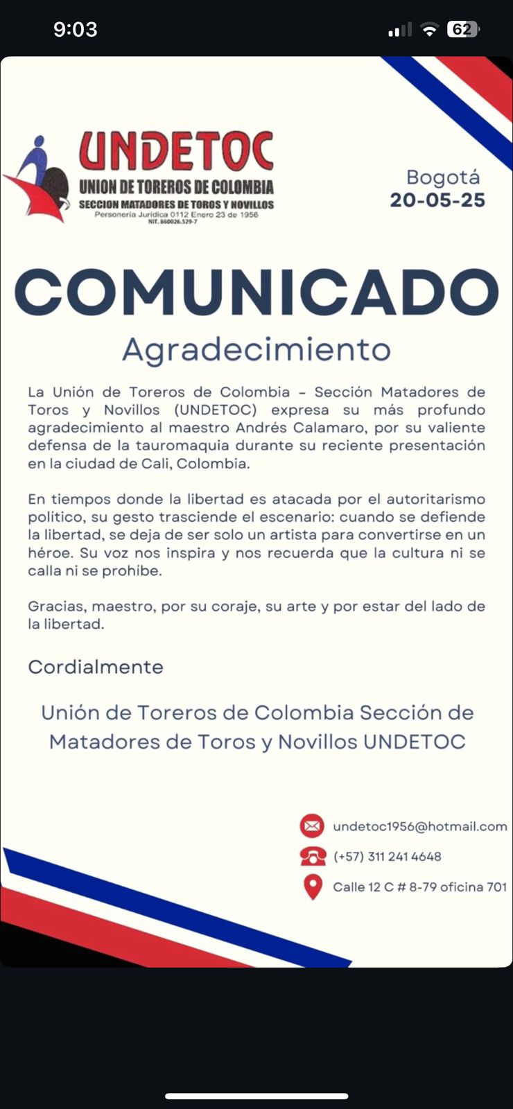 Diversos sectores de la cultura se han pronunciado respecto al carácter y valentía del cantante argentino Andres Calamaro, defendiendo la actividad taurina.