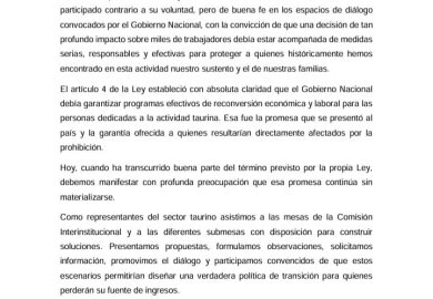 PRESIDENTES Y REPRESENTANTES DEL GREMIO TAURINO EXPIDIERON EL SIGUIENTE COMUNICADO: