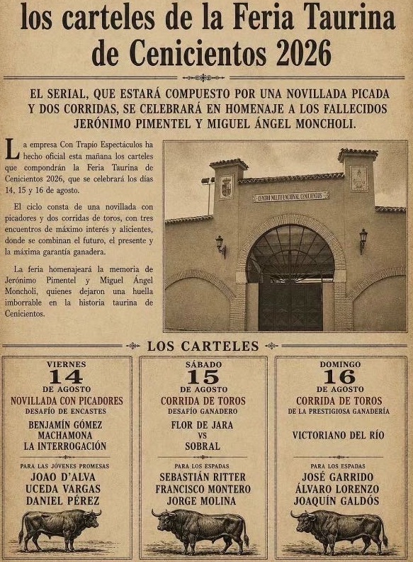 HOMENAJE  A DON J. PIMENTEL Y M. A. MONCHOLI EN CENICIENTOS CON PRESENCIA DE TOREROS DE COLOMBIA Y PERU